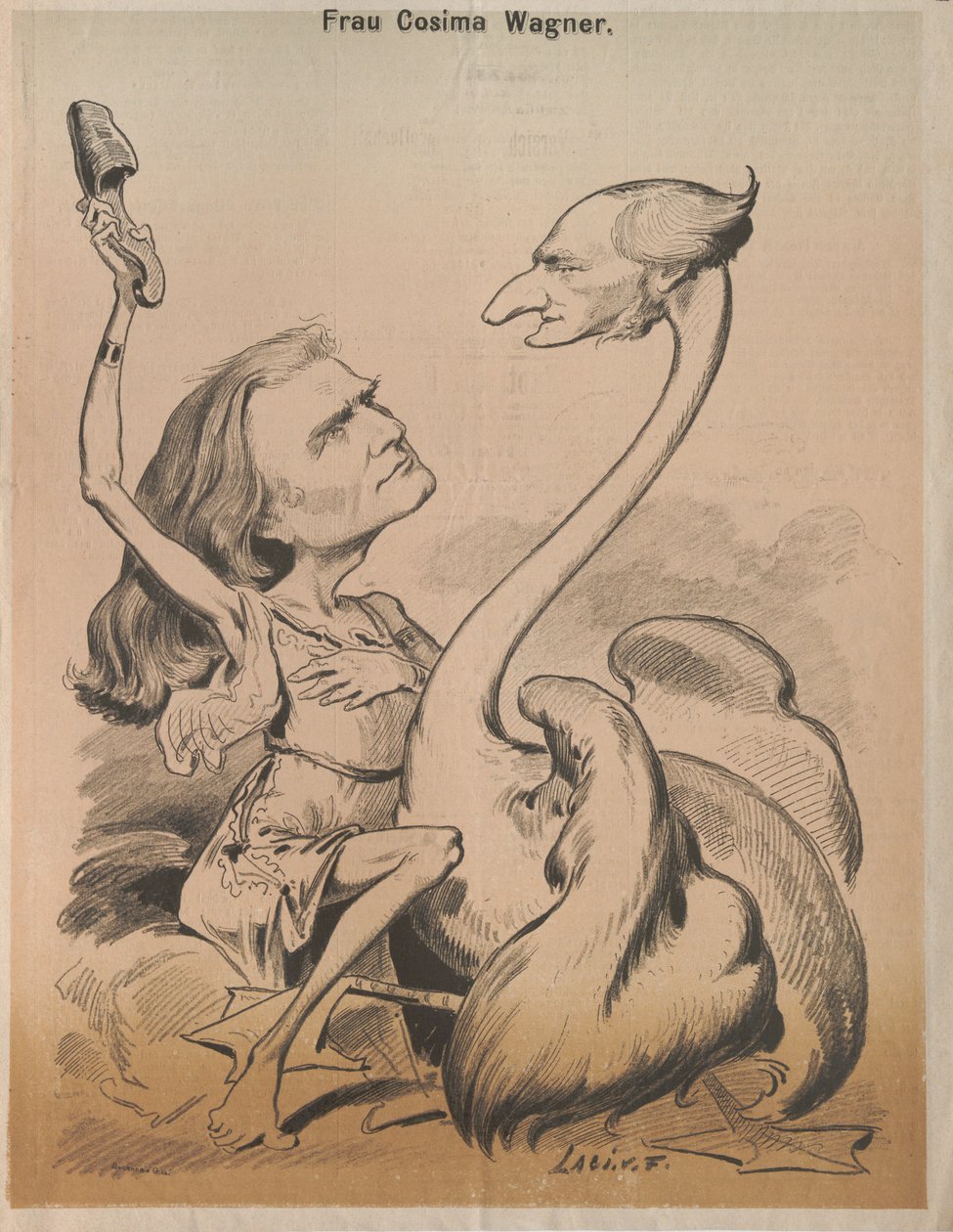 Richard Wagner como cisne y Cosima Wagner como Leda, portada de Die Bombe, 1875 de Laszlo Frecskay