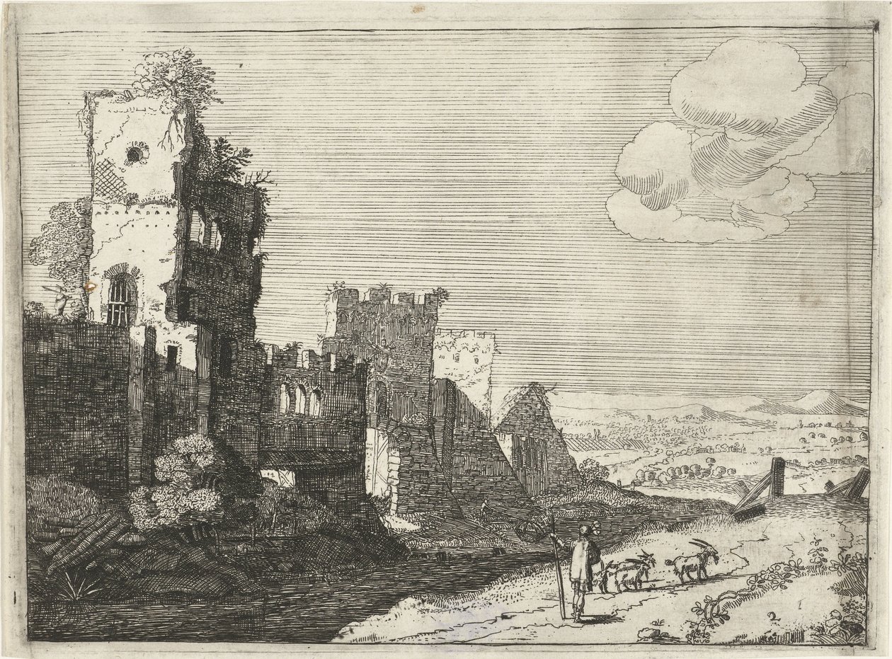 Pastor de cabras en el foso de un castillo Paisajes con edificios romanos antiguos (título de la serie) de Laurens Barata