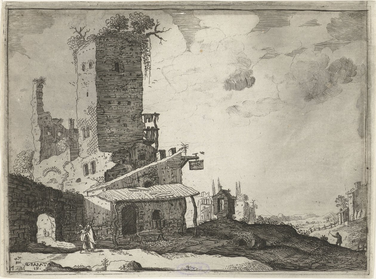Posada cerca de una capilla Paisajes con edificios romanos antiguos (título de la serie) de Laurens Barata