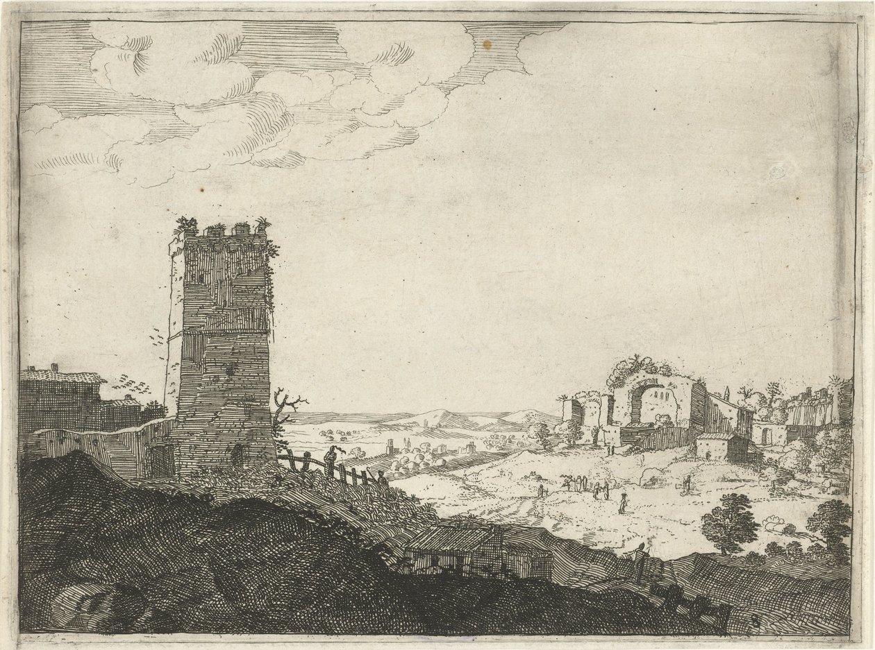 paisaje con torre Paisajes con edificios romanos antiguos (título de la serie) de Laurens Barata