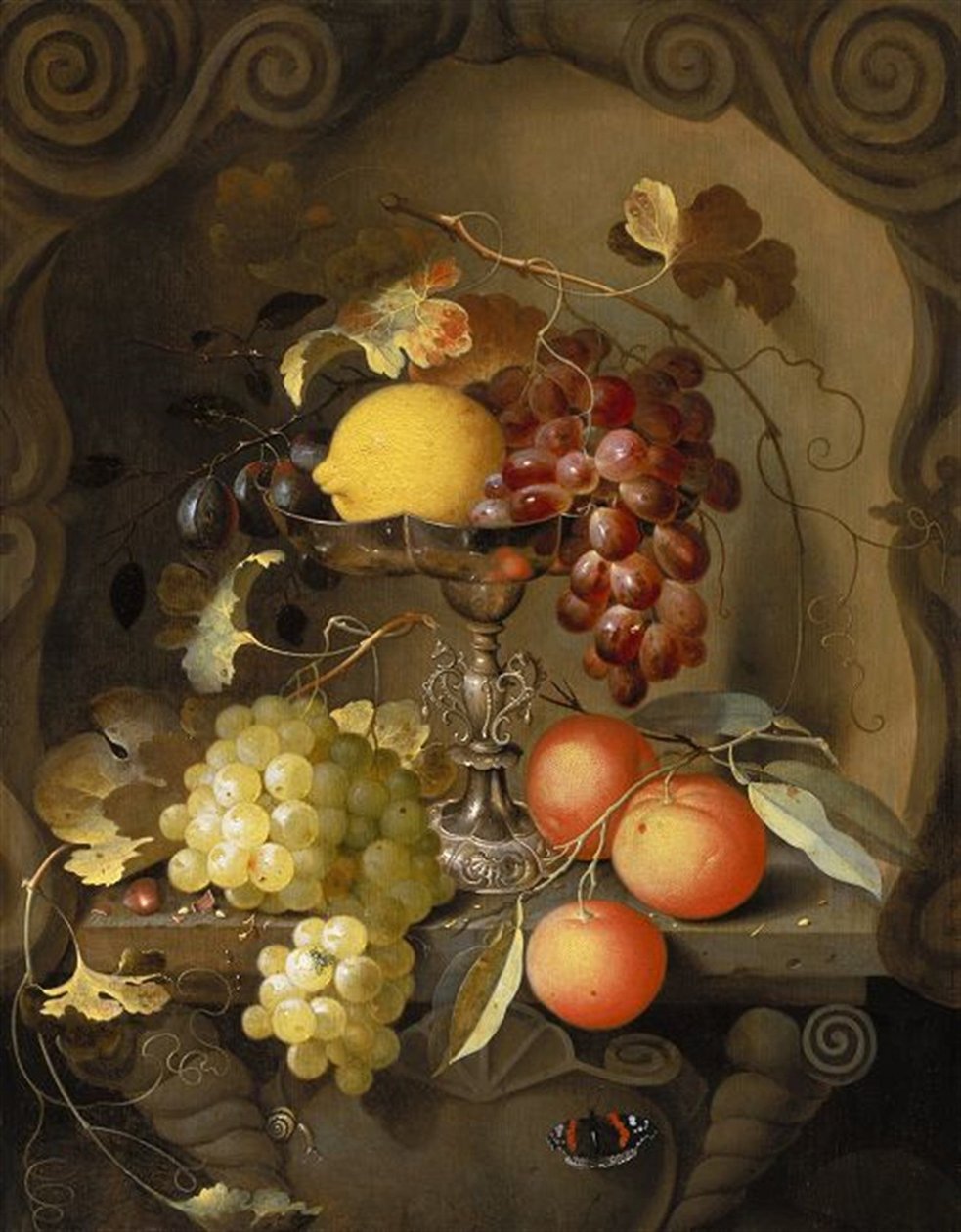 Bodegón de frutas sobre y alrededor de una tazza, en una hornacina de Laurens Craen