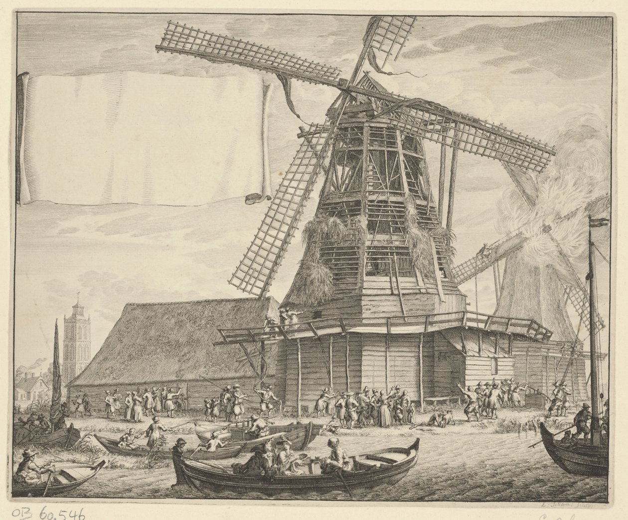 Incendio en el molino de aceite De Zeug cerca de Wormer, 1699 de Laurens Scherm