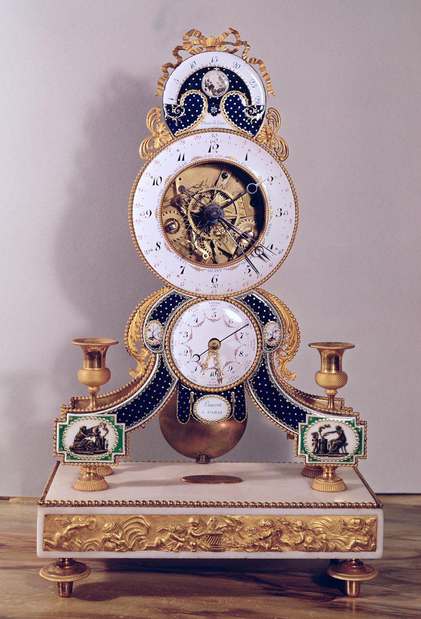Reloj decimal y duodecimal con esferas de los calendarios revolucionario y gregoriano y las fases de la luna, hecho en París (bronce y esmalte) de Laurent