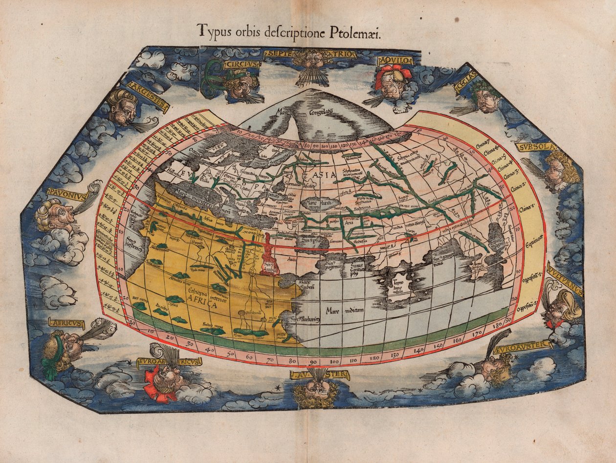 Mapa del mundo según Ptolomeo (Typus Orbis Descriptione Ptolemaei) por Laurent Fries del reimpreso de 1541 de Gaspar Trechsel de sus mapas de 1522 para la Geografía de Ptolomeo de Laurent Fries