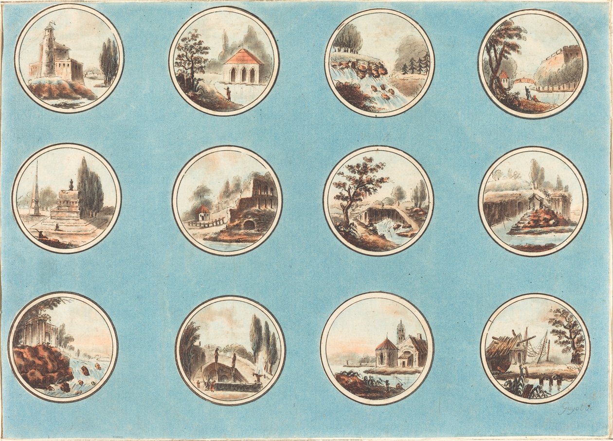 Doce medallones con paisajes de Laurent Guyot after Jean Henry Alexandre Pernet