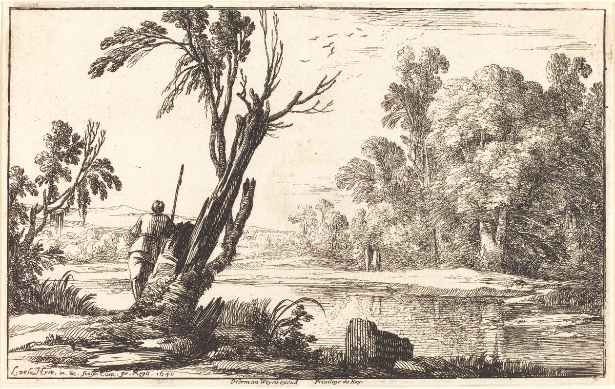 Un hombre mirando a través de un estanque tranquilo de Laurent de la Hyre