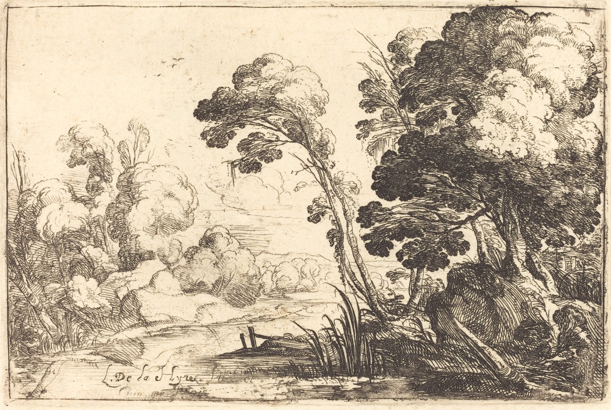 Paisaje boscoso con un río de Laurent de la Hyre