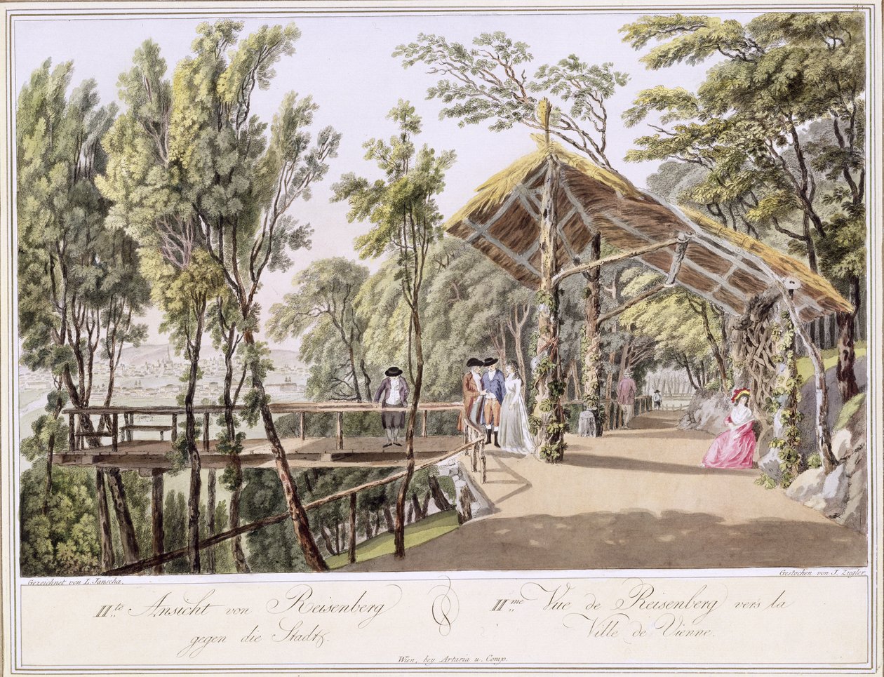 Vista de los Jardines Reisenberg cerca de la ciudad de Viena, grabado por Johann Ziegler de Laurenz Janscha