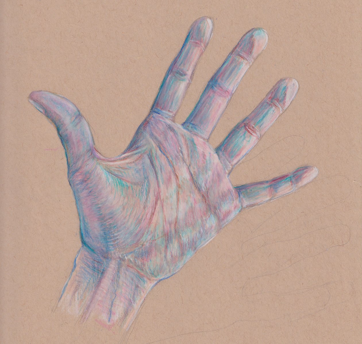 Hand Study #3, 2025 (lápiz de color sobre papel entonado) de Laurie Michaels