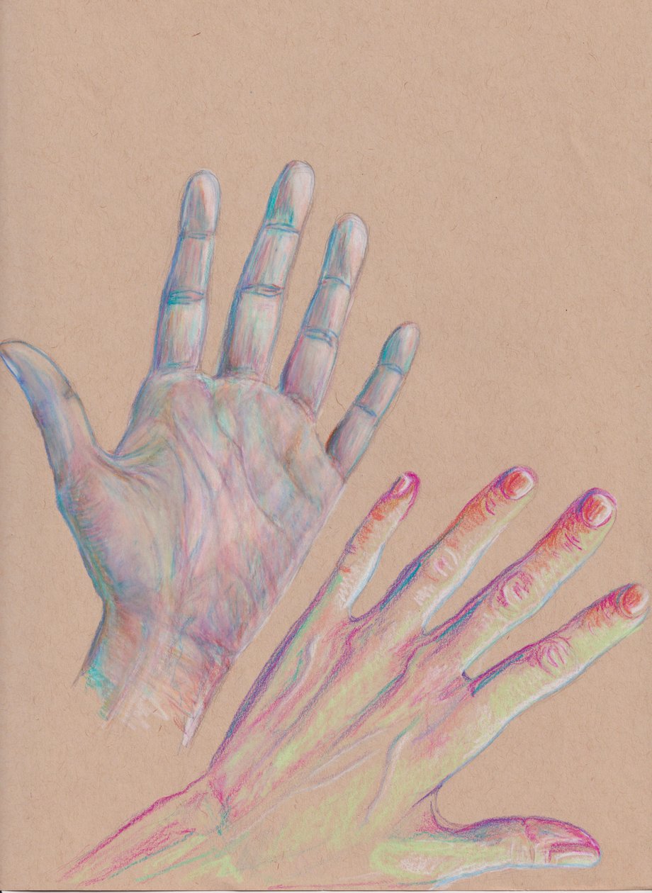 Hands #1, 2025 (lápiz de color sobre papel entonado) de Laurie Michaels