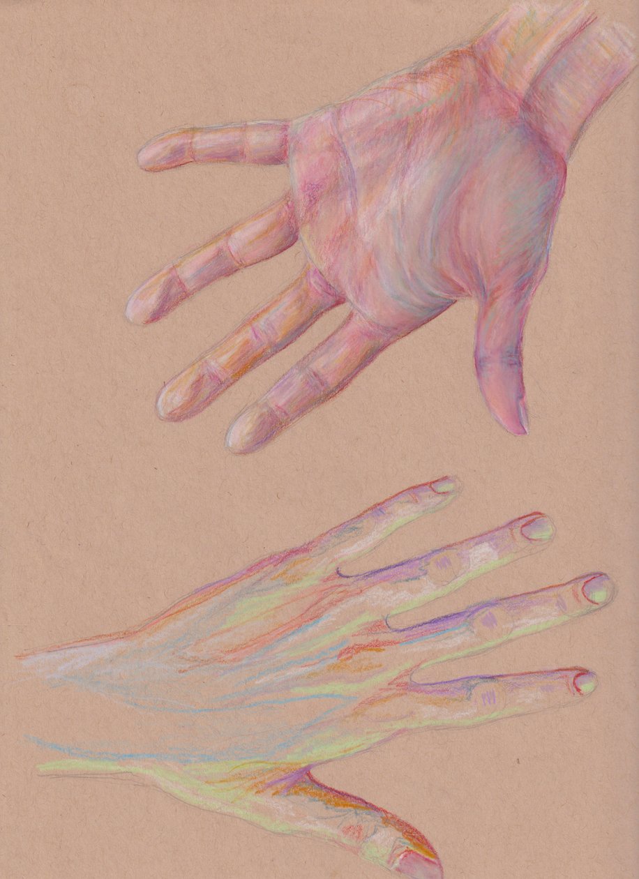 Hands #2, 2025 (lápiz de color sobre papel entonado) de Laurie Michaels