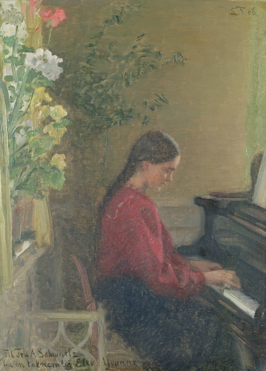 Yvonne, la hija del artista, tocando el piano, c.1905 de Laurits Regner Tuxen