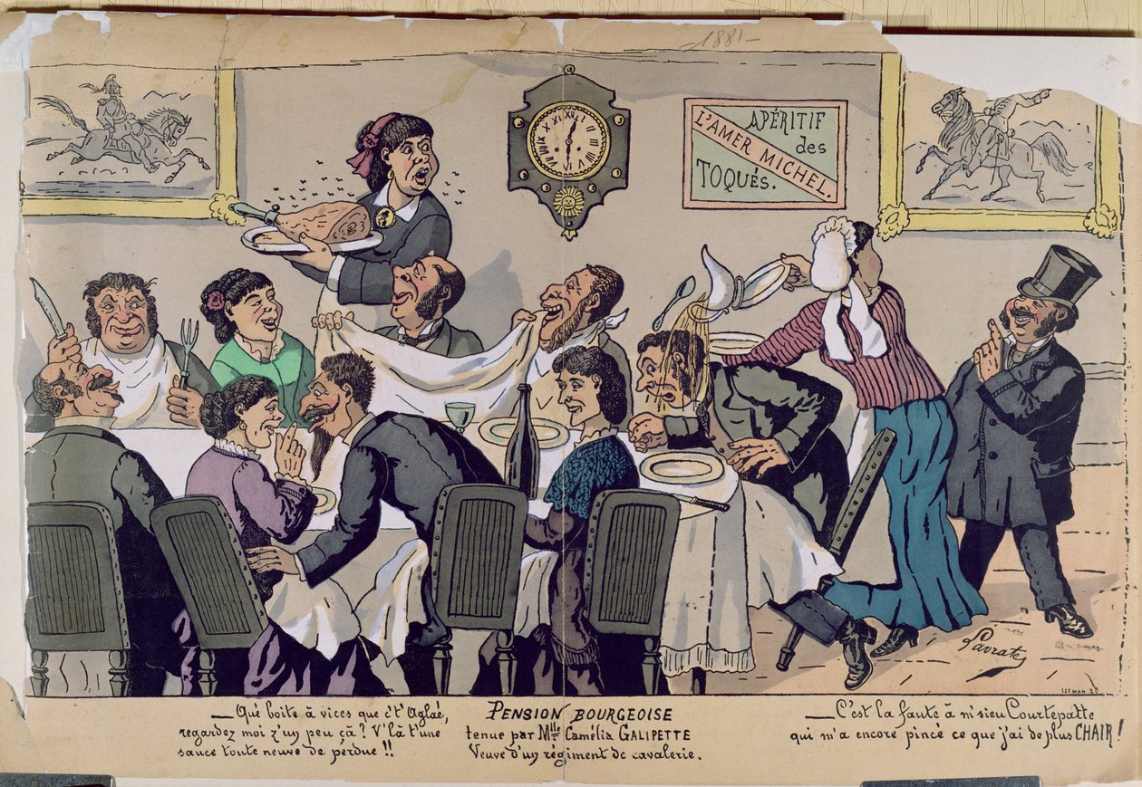 Casa de huéspedes de clase media, caricatura, 1881 (grabado en color) de Lavrate