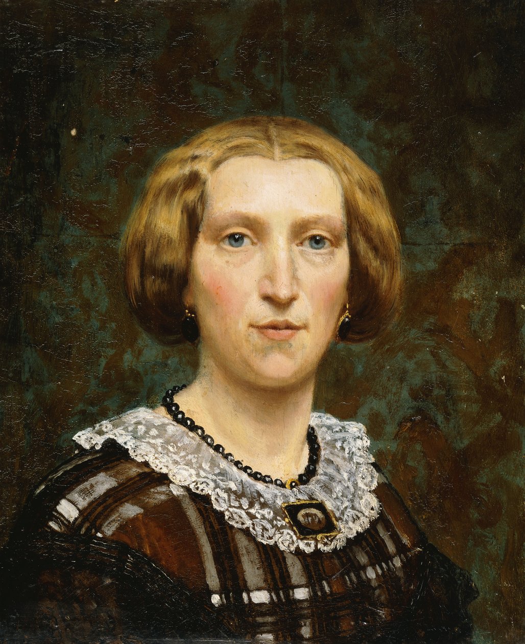 Retrato de Sientje Tadema, pequeño busto, con vestido marrón y blanco y chal negro, 1860 de Lawrence Alma Tadema
