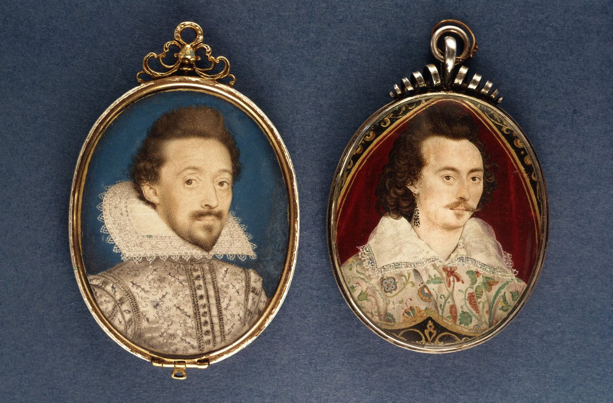 Izquierda: Retrato de un joven por Lawrence Hilliard, c.1620. Derecha: Retrato de un joven por Nicholas Hilliard (1547-1619), c.1585 de Lawrence Hilliard