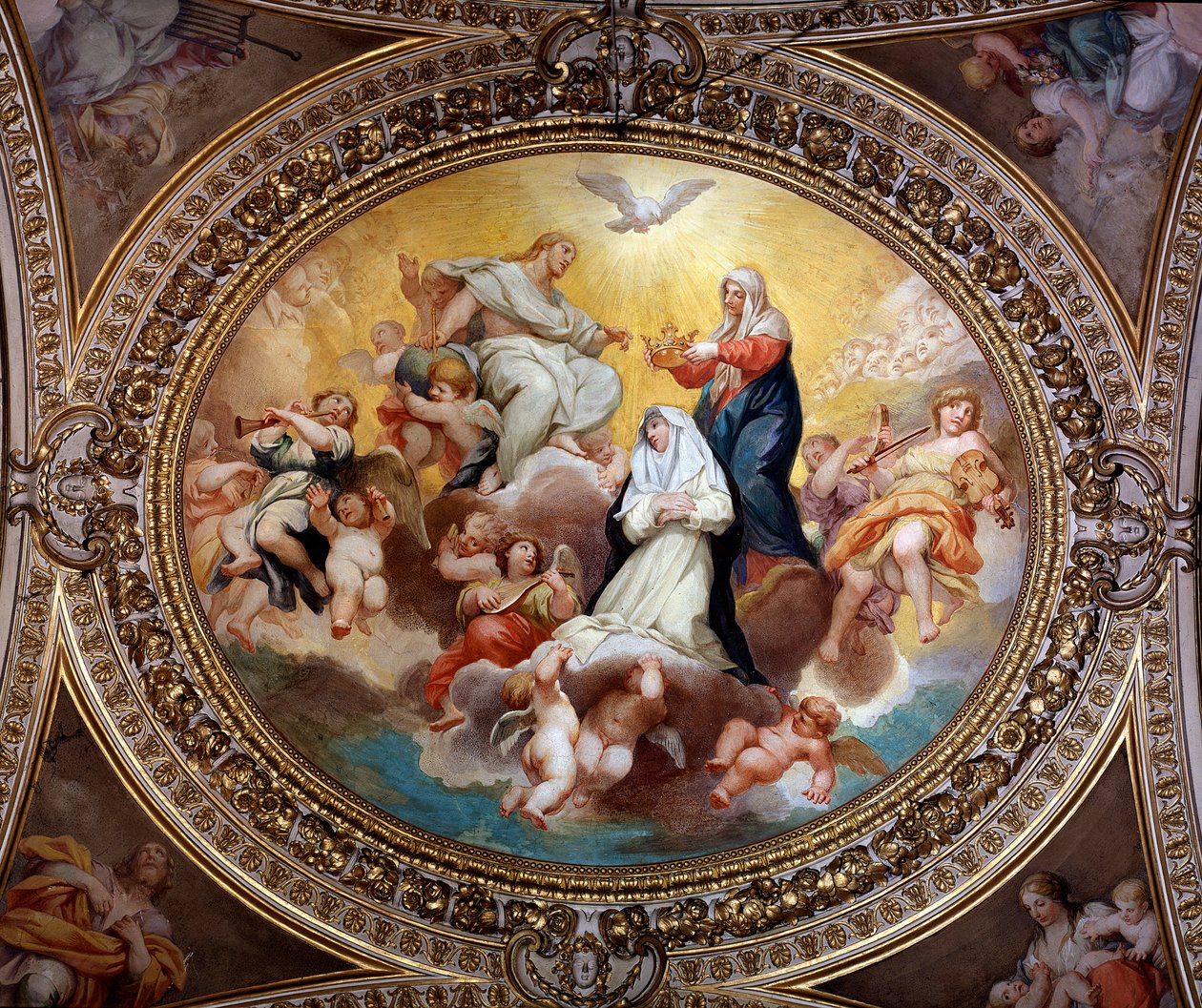 La Virgen Santa coronando a Santa Rosa de Lima con Jesús y el Espíritu Santo de Lazzaro Baldi