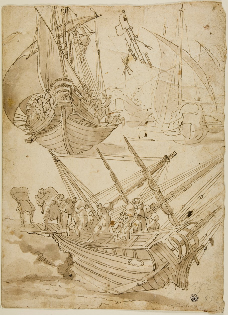 Tripulación abandonando el barco (recto); Bocetos de columnas corintias (verso) de Lazzaro Tavarone