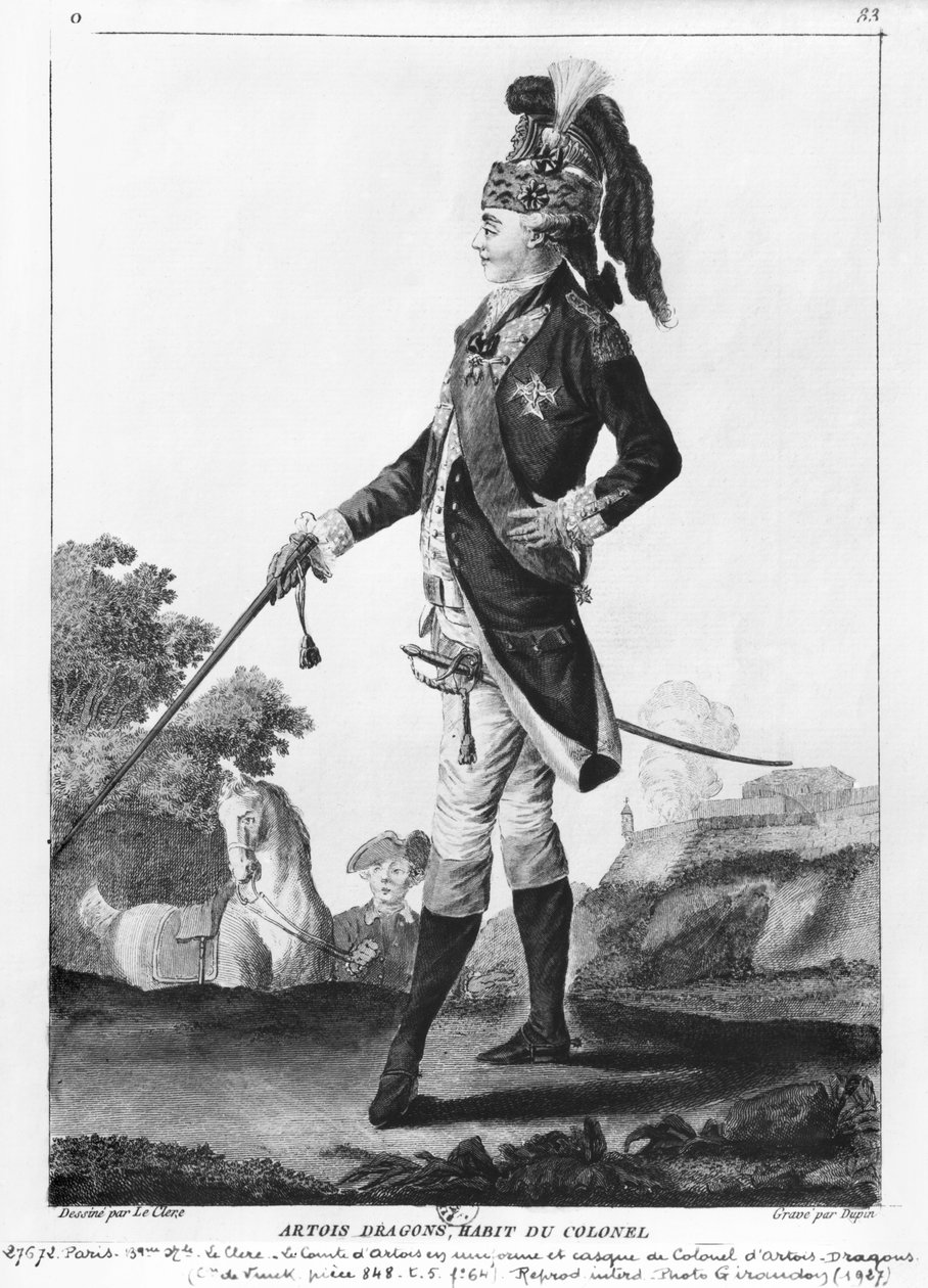 Carlos de Francia (1757-1836) Conde de Artois, con el casco y uniforme de coronel del regimiento Artois-Dragones, grabado por Dupin de Le Clere