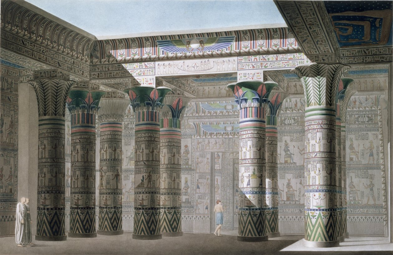 Vista en perspectiva interior desde el pórtico del Gran Templo en la Isla de Philae, placa 18, del Vol I de `Descripciones de Egipto`, grabado por Antoine Phelippeaux 1822 de Le Pere