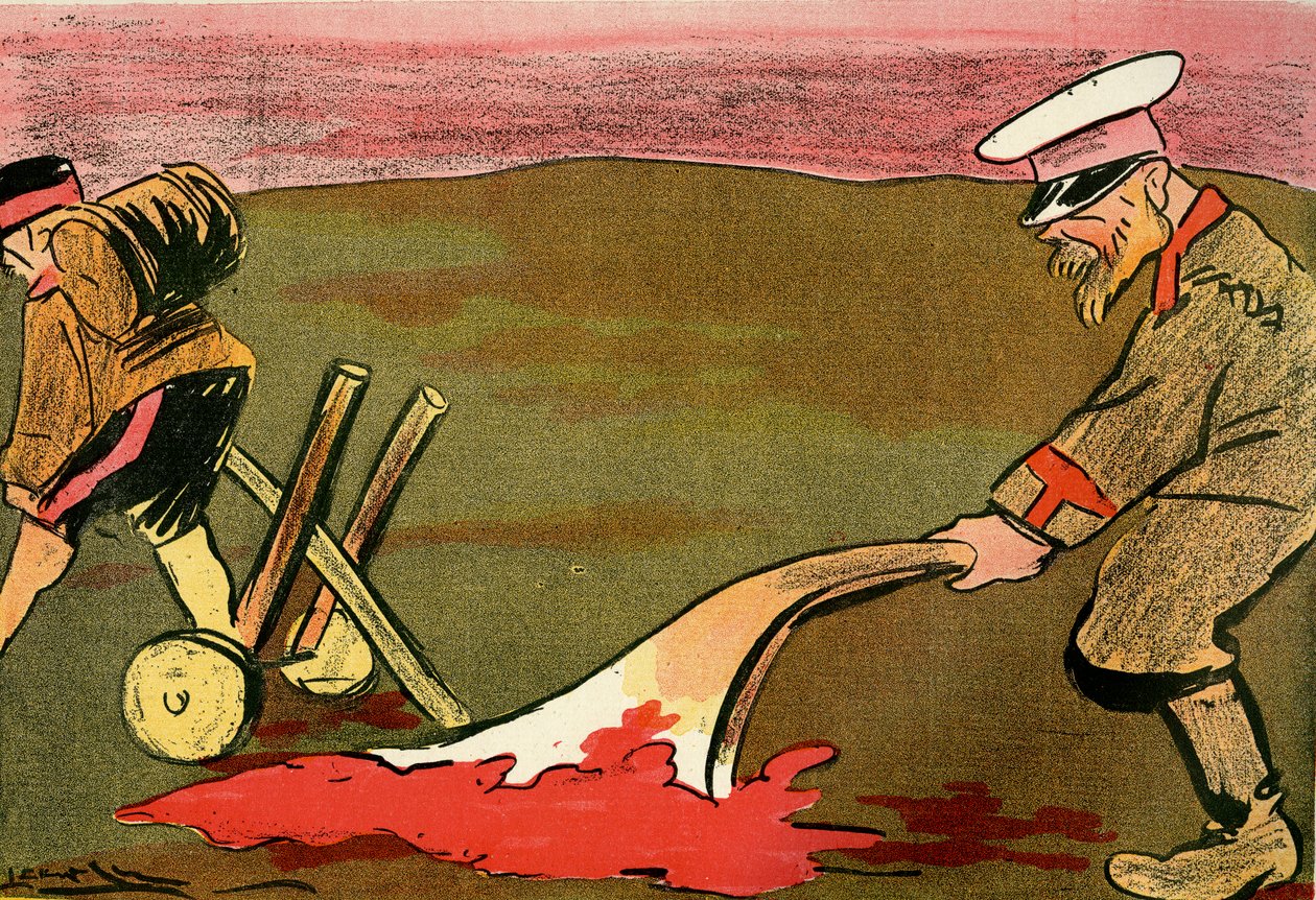 El arado de la civilización - Soldados rusos arando en los campos de batalla ensangrentados. 1904 (litografía) de Leal de Camara