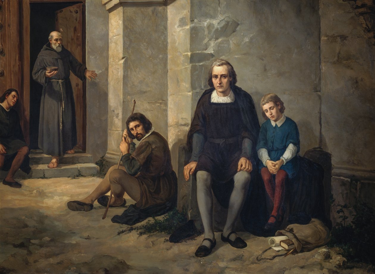 Cristóbal Colón con su hijo en el monasterio de Santa María de La Rábida, España de Leandro Izaguirre