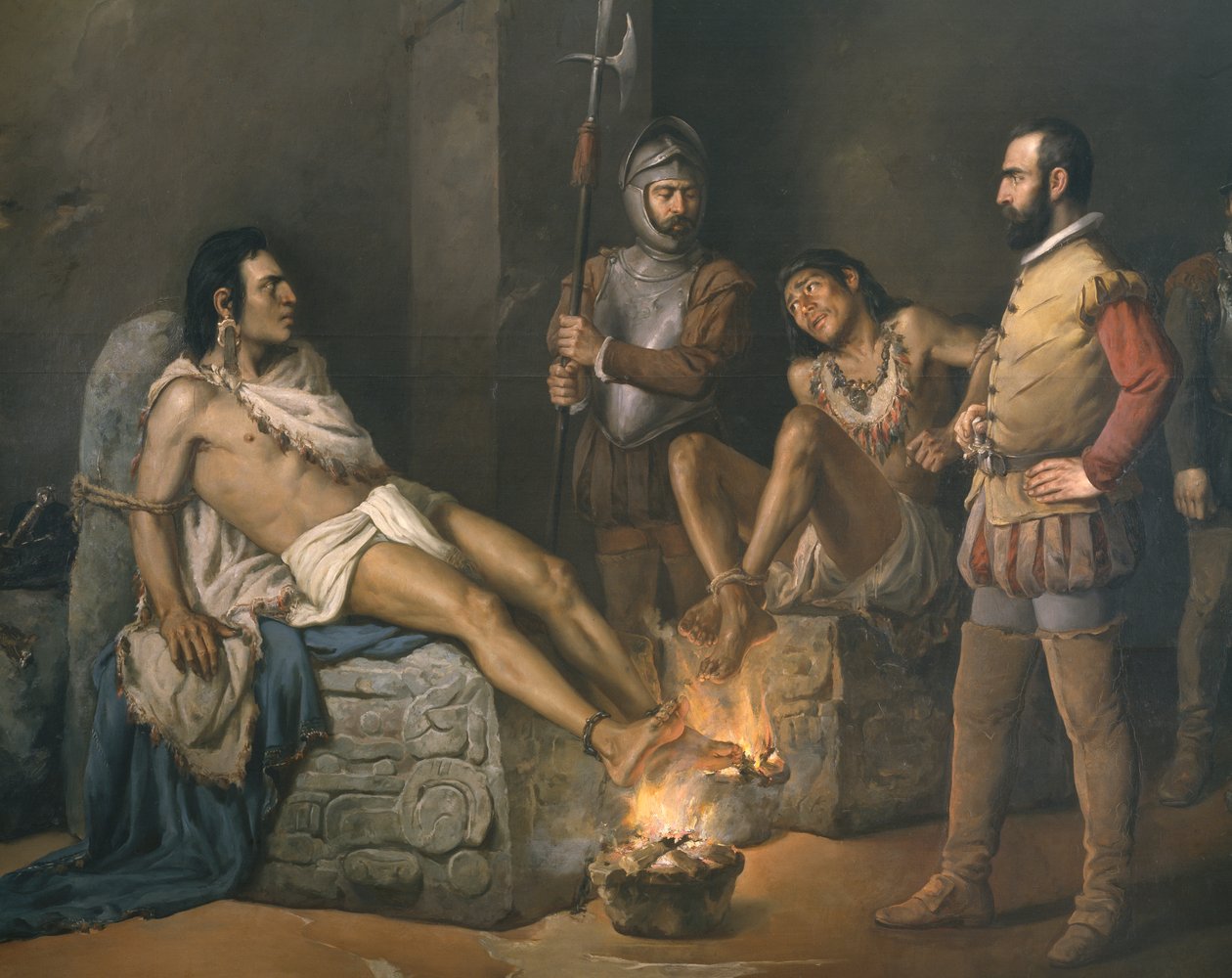 Tortura de Cuauhtémoc (1497-1525) 1893 (detalle) (óleo sobre lienzo) de Leandro Izaguirre