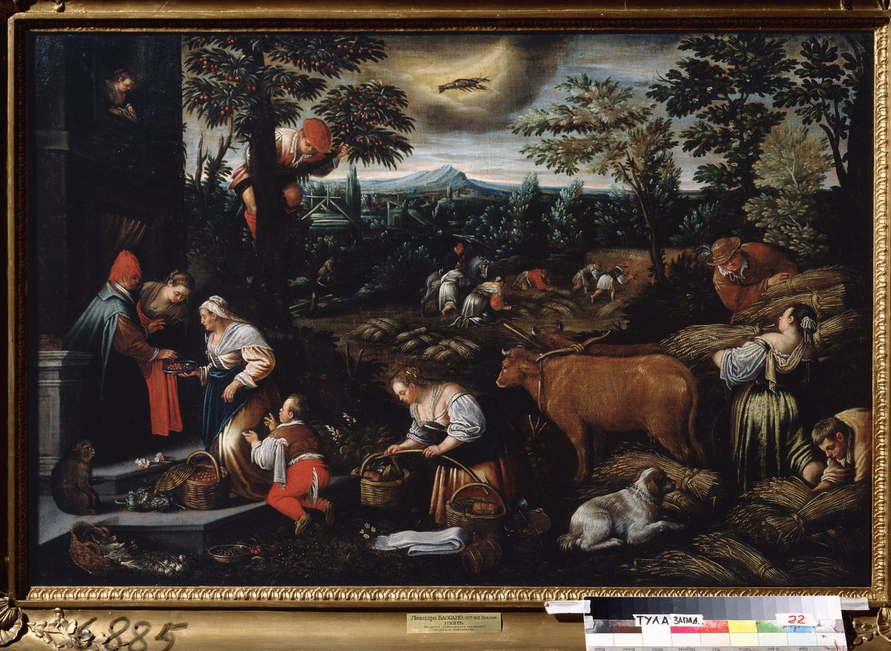 ""El mes de junio"" (junio) El trabajo de la granja, recogiendo cerezas y recogiendo trigo. Símbolo de signo de cáncer en el cielo. Pintura de Leandro Bassano da Ponte (1557-1622) 1595-1600 Museo Estatal de Arte Tula Rusia de Leandro da Ponte Bassano