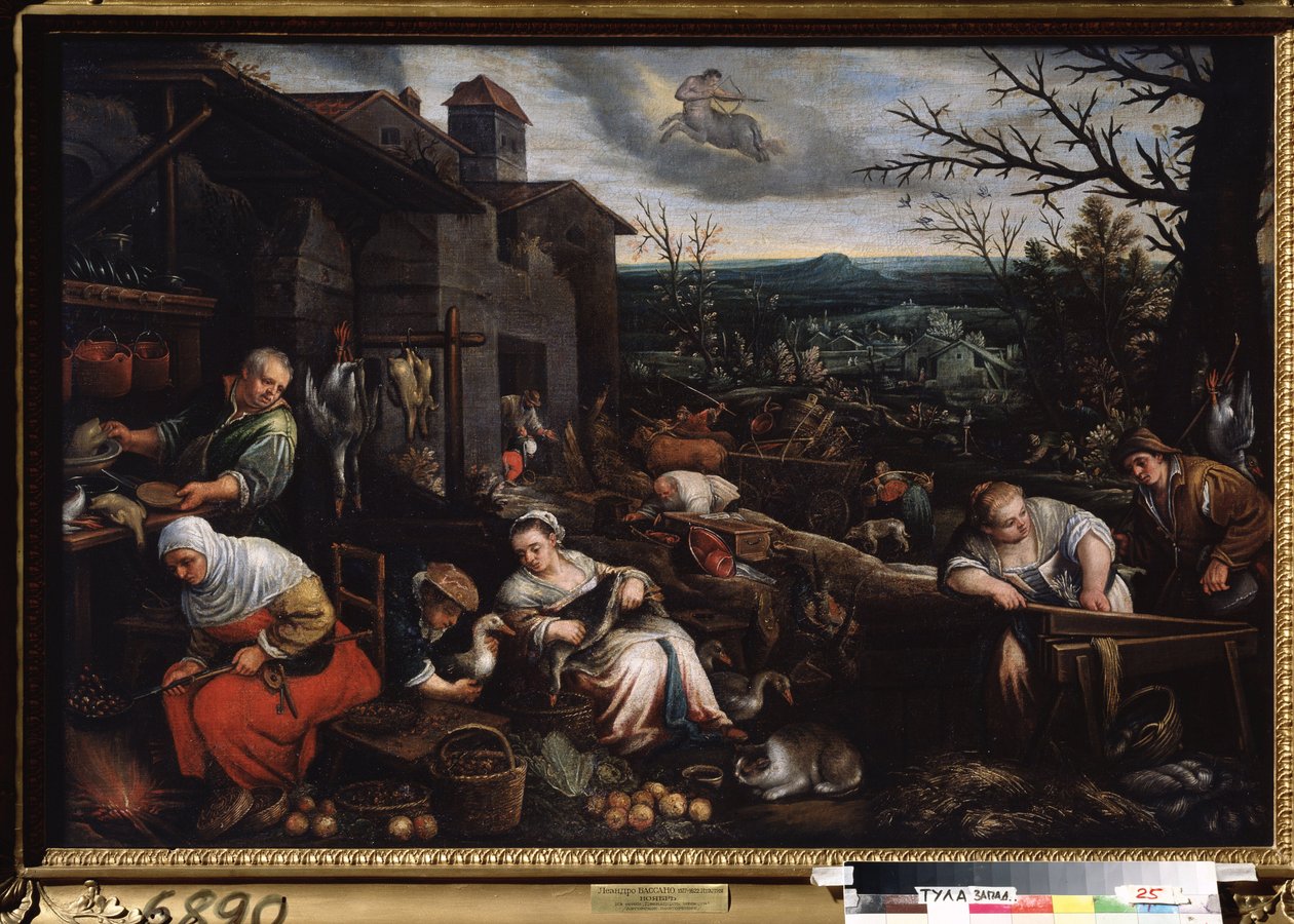 ""El mes de noviembre"" (Noviembre) Una mujer asa castañas, otra se encarga de preparar las ocas. Símbolo del signo de sagitario en el cielo. Pintura de Leandro Bassano da Ponte (1557-1622) 1595-1600 Museo Estatal de Arte Tula Rusia de Leandro da Ponte Bassano
