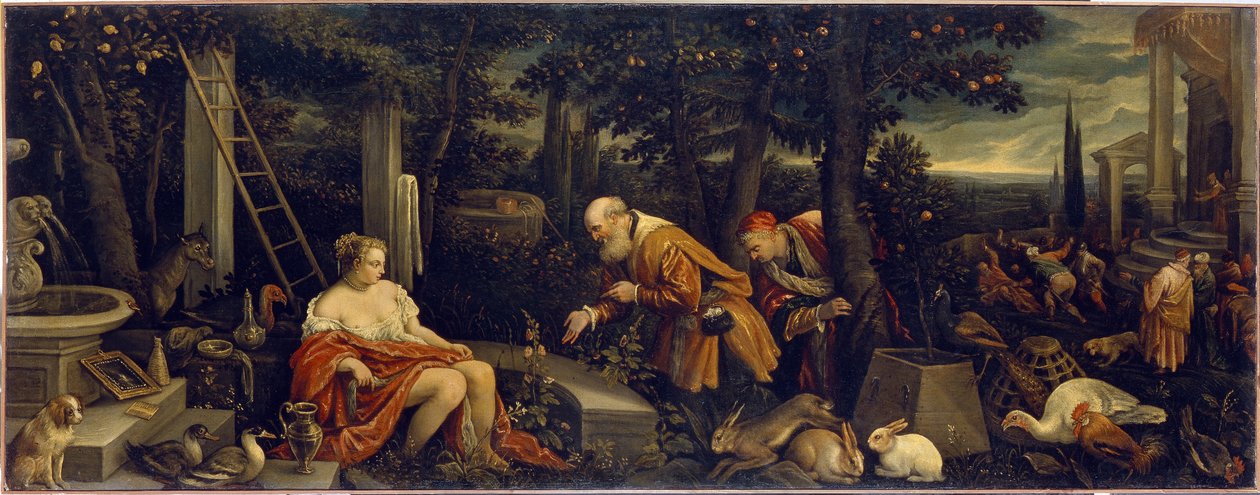 Susanna y los ancianos. Pintura de Leandro Bassano (1557-1622), óleo sobre lienzo, hacia 1580. Arte italiano (Venecia) de Leandro da Ponte Bassano
