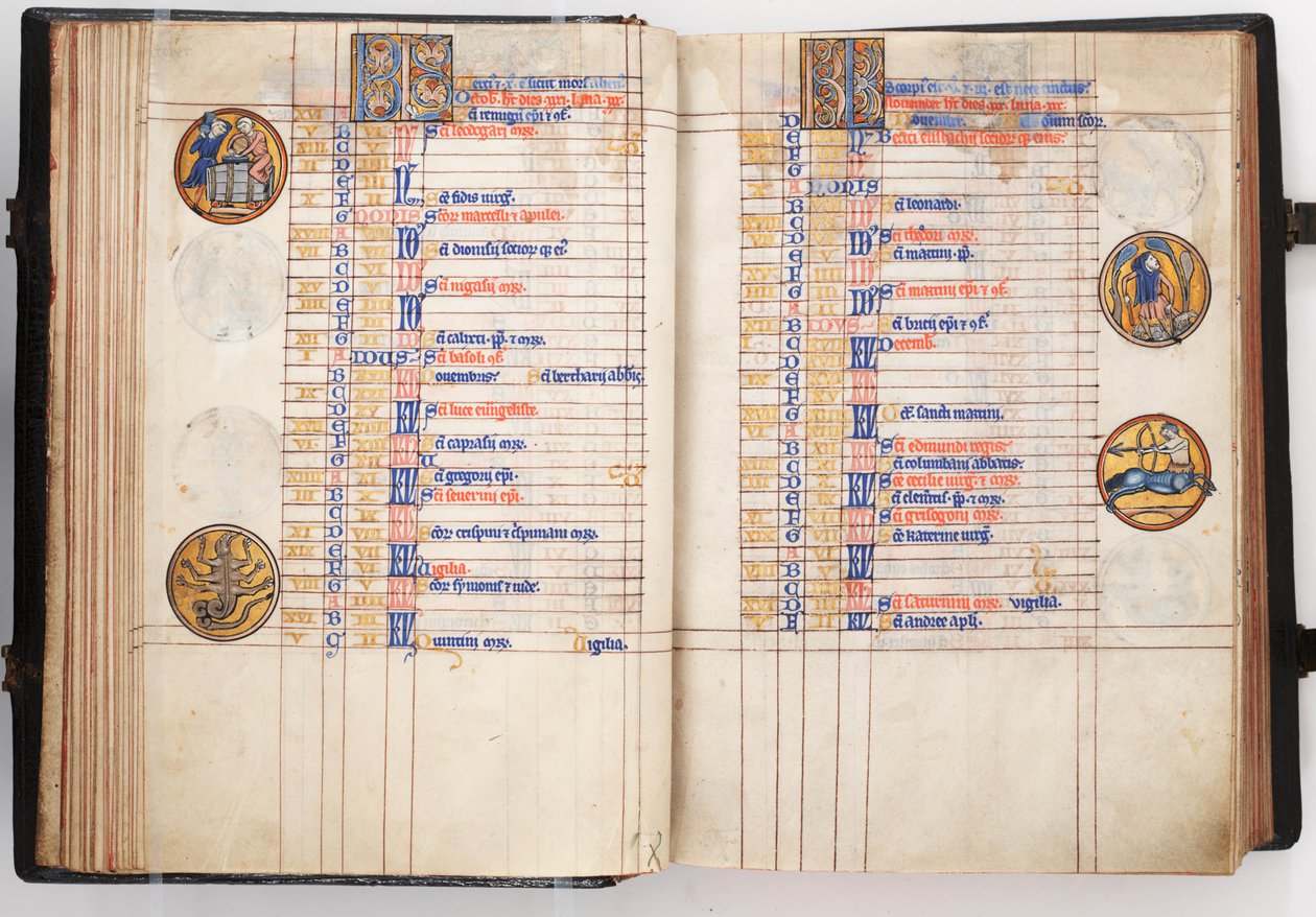 Salterio de Lewis, apertura mostrando las páginas del calendario para octubre y noviembre, c.1225-50 de Leber Group