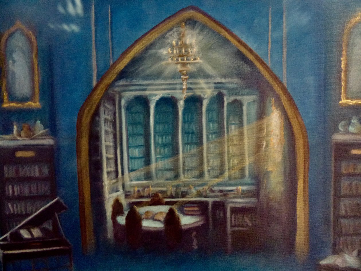 Detalle de Biblioteca encantada, 2024 (óleo sobre lienzo) de Lee Campbell