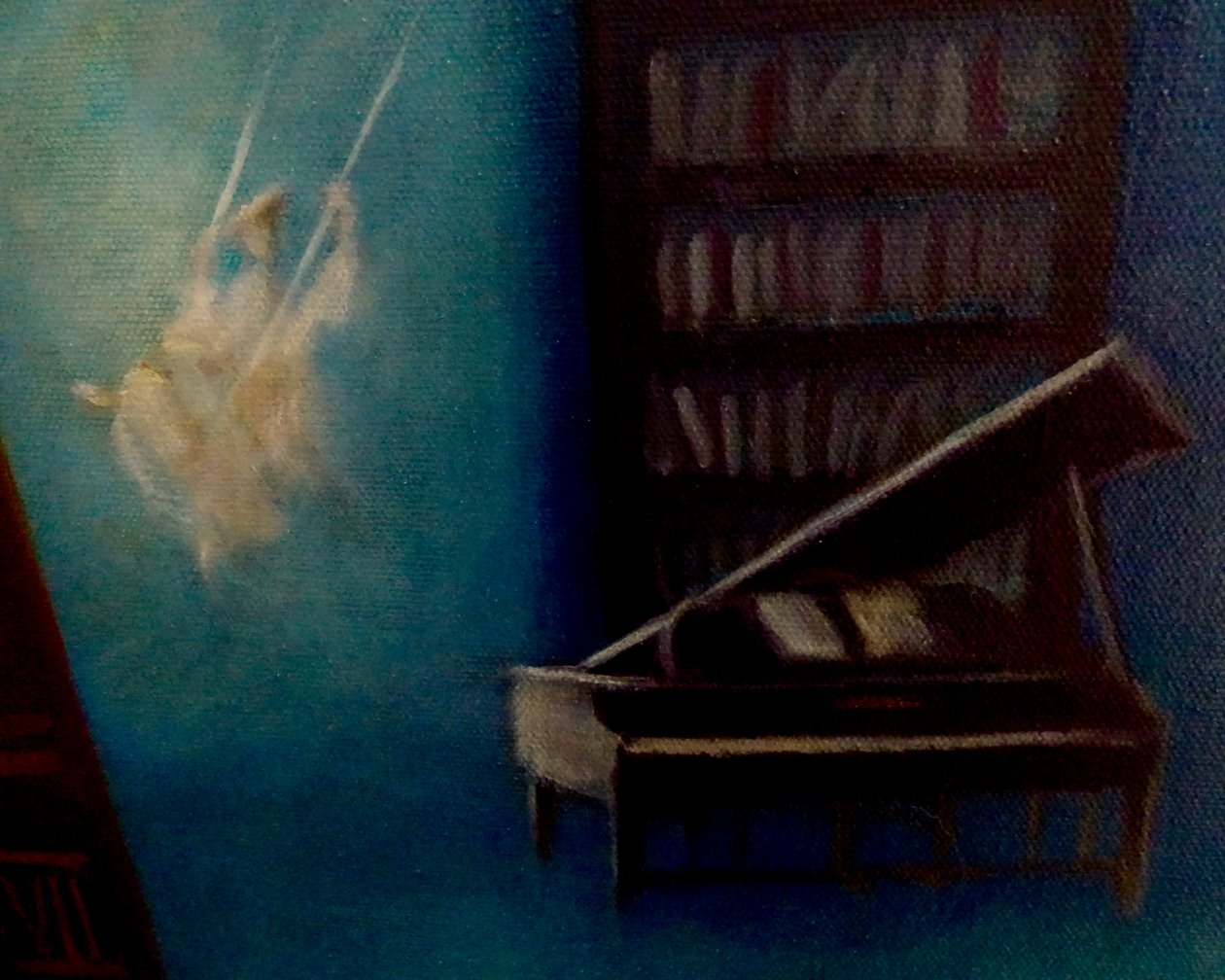 Detalle de Biblioteca encantada, 2024 (óleo sobre lienzo) de Lee Campbell