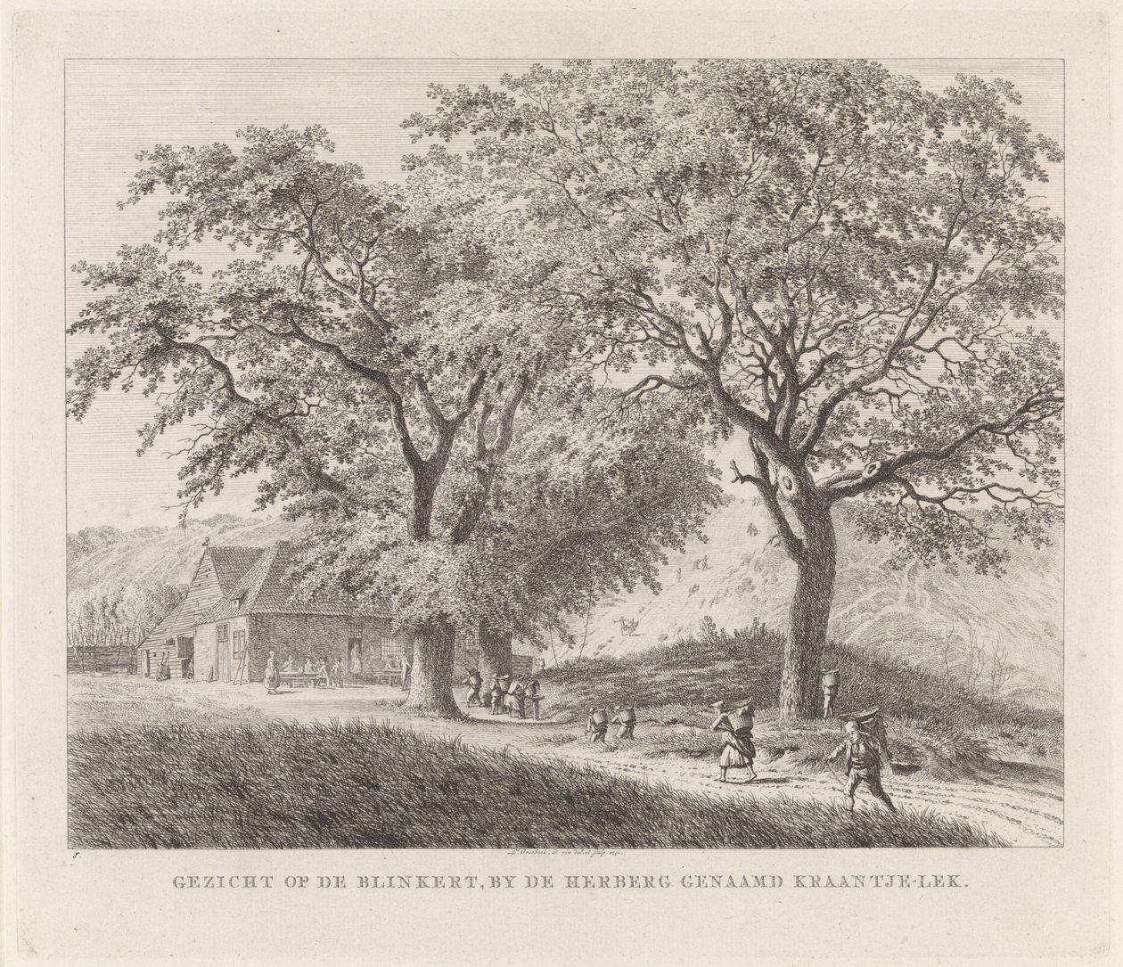Vista del intermitente Vista del Blinkert, junto a la posada llamada Kraantje-Lek (título sobre el objeto) Lugares de interés en las cercanías de Haarlem (título de la serie) de Leendert Overbeek
