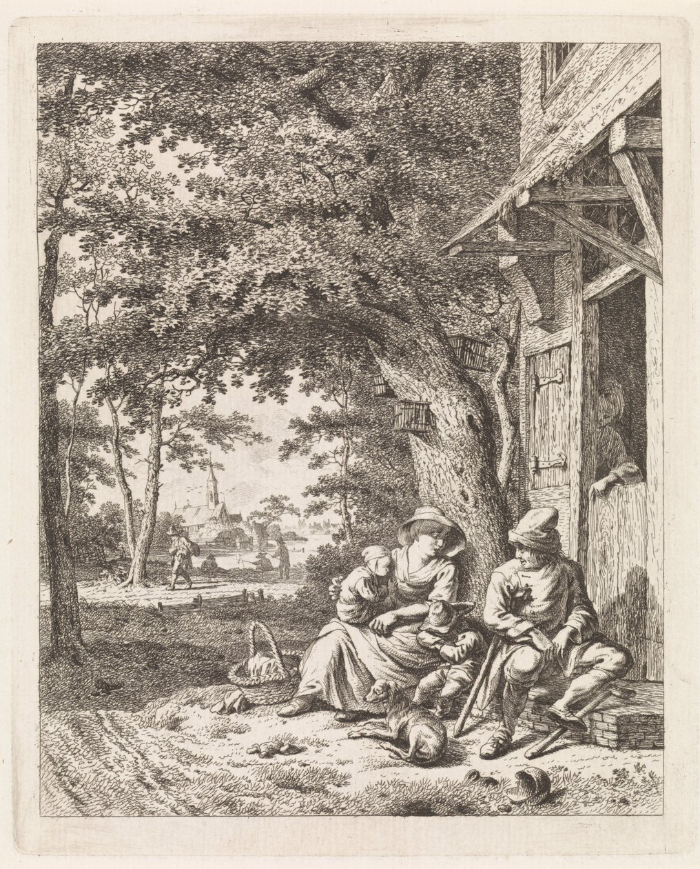 familia, con, perro, sentado, delante de, un, casa Paisajes con figuras (título de serie) de Leendert Overbeek
