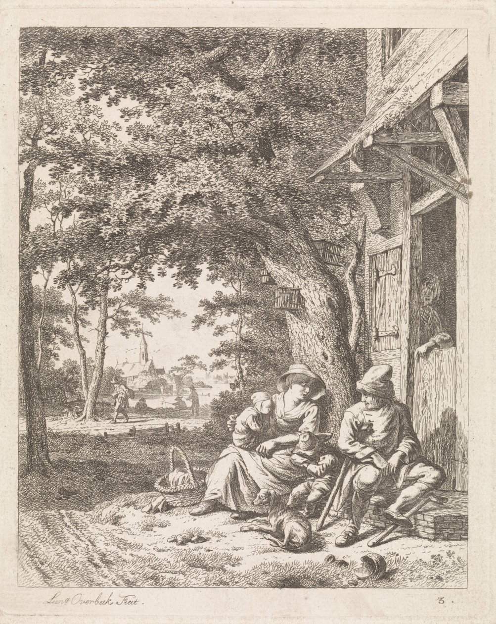 familia, con, perro, sentado, delante de, un, casa Paisajes con figuras (título de serie) de Leendert Overbeek