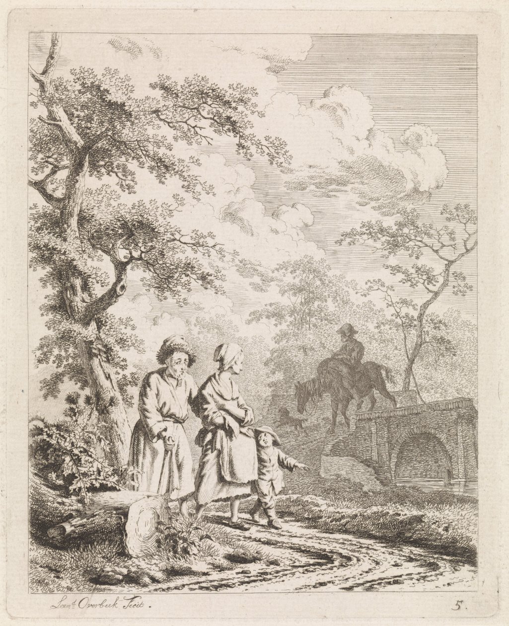 Anciano, mujer y niño en un camino forestal Paisajes con figuras (título de serie) de Leendert Overbeek