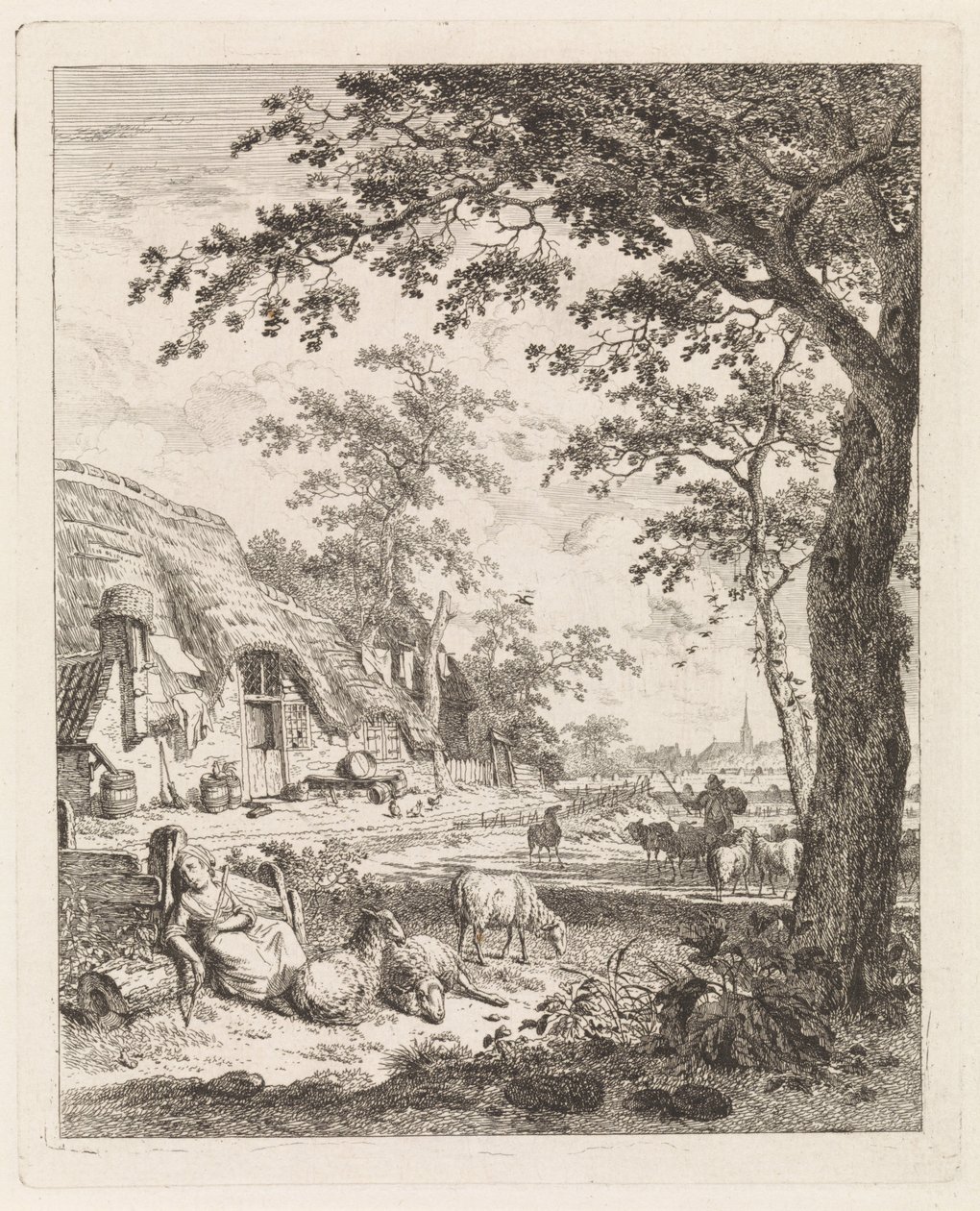 Pastora con ovejas frente a una granja Paisajes con figuras (título de serie) de Leendert Overbeek