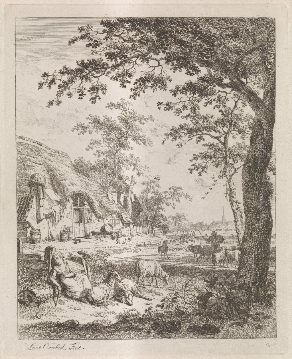 Pastora con ovejas frente a una granja Paisajes con figuras (título de serie) de Leendert Overbeek