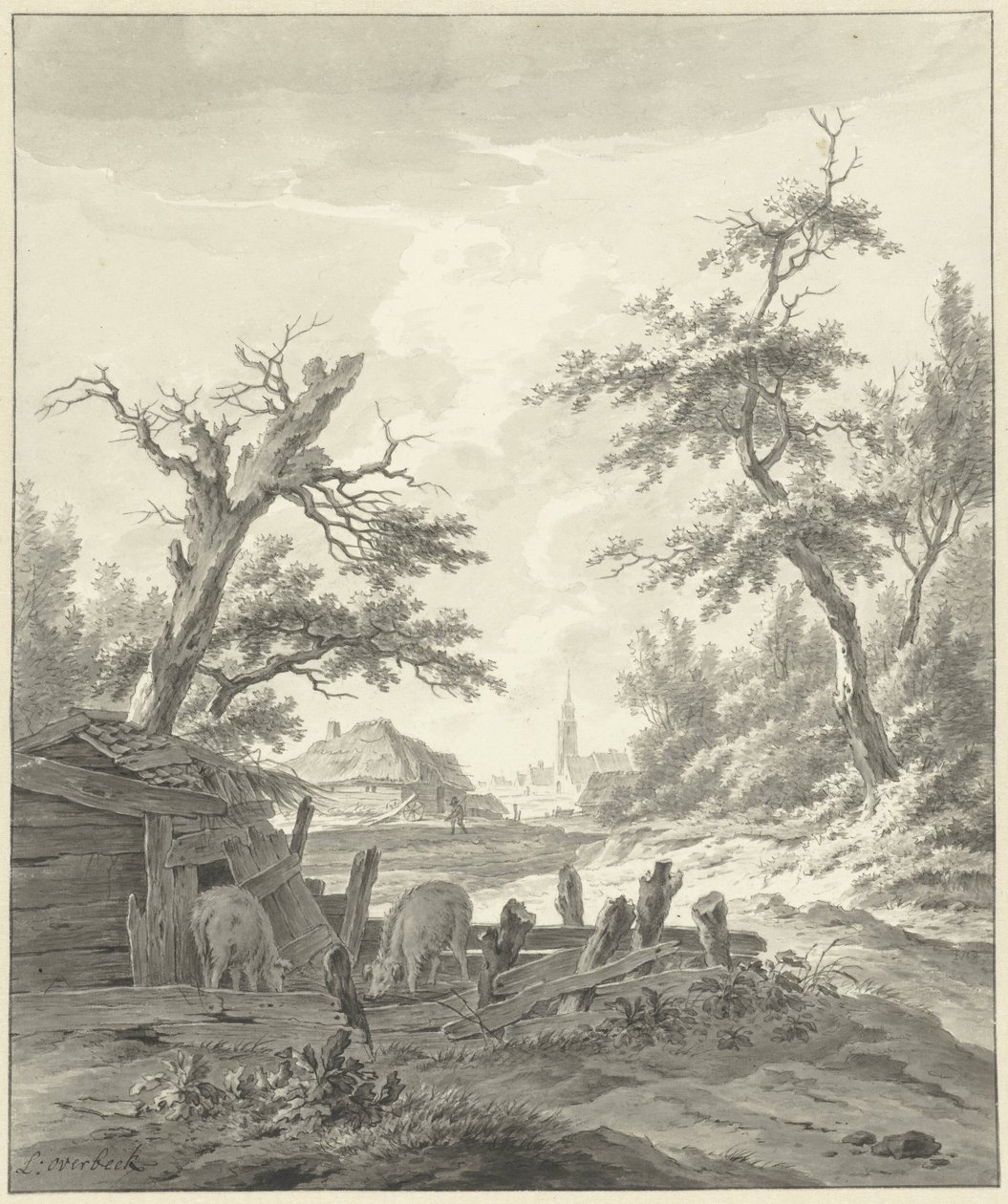 Paisaje con un corral de cerdos en primer plano de Leendert Overbeek