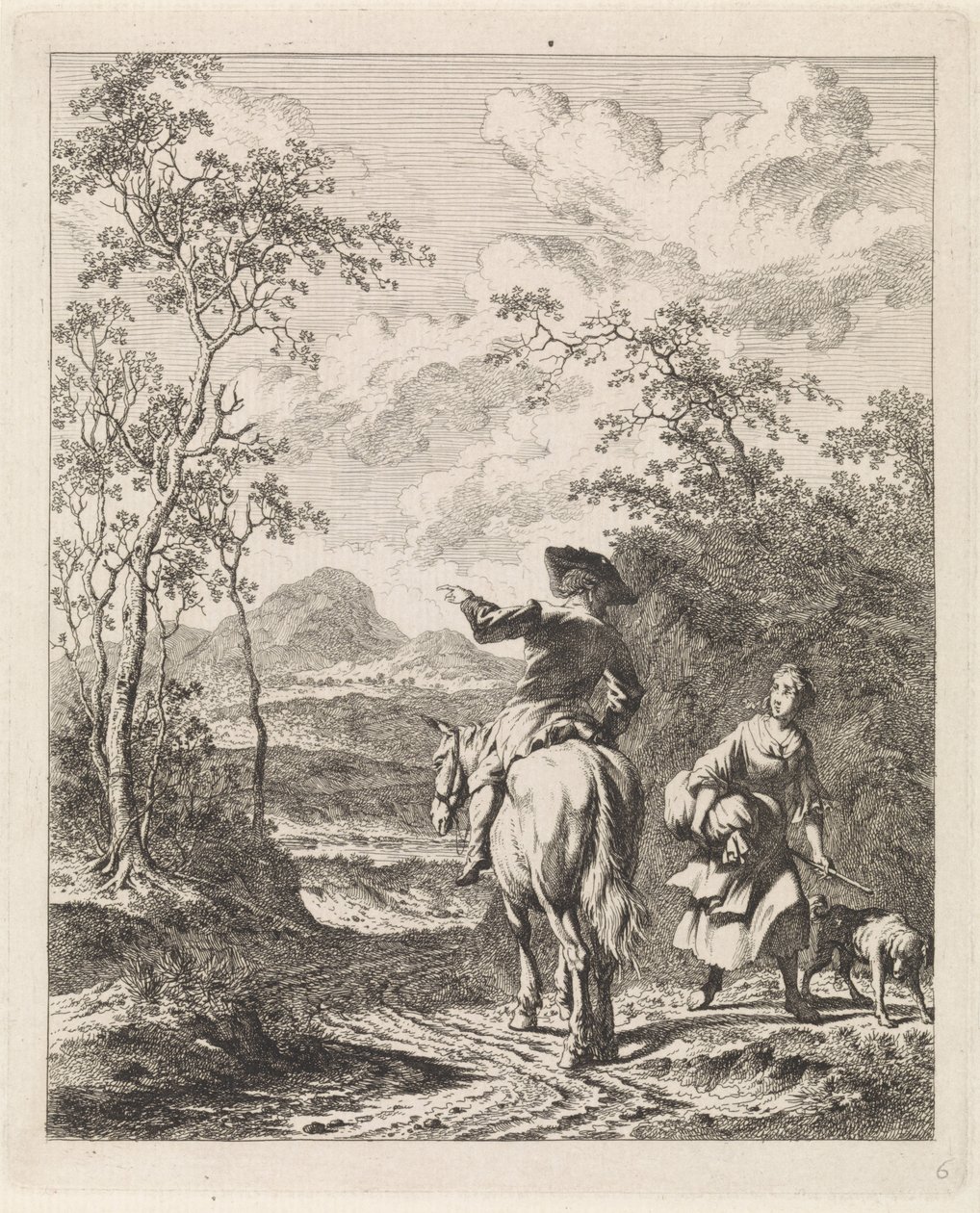 Jinete preguntando por direcciones a una chica con un perro Paisajes con figuras (título de serie) de Leendert Overbeek