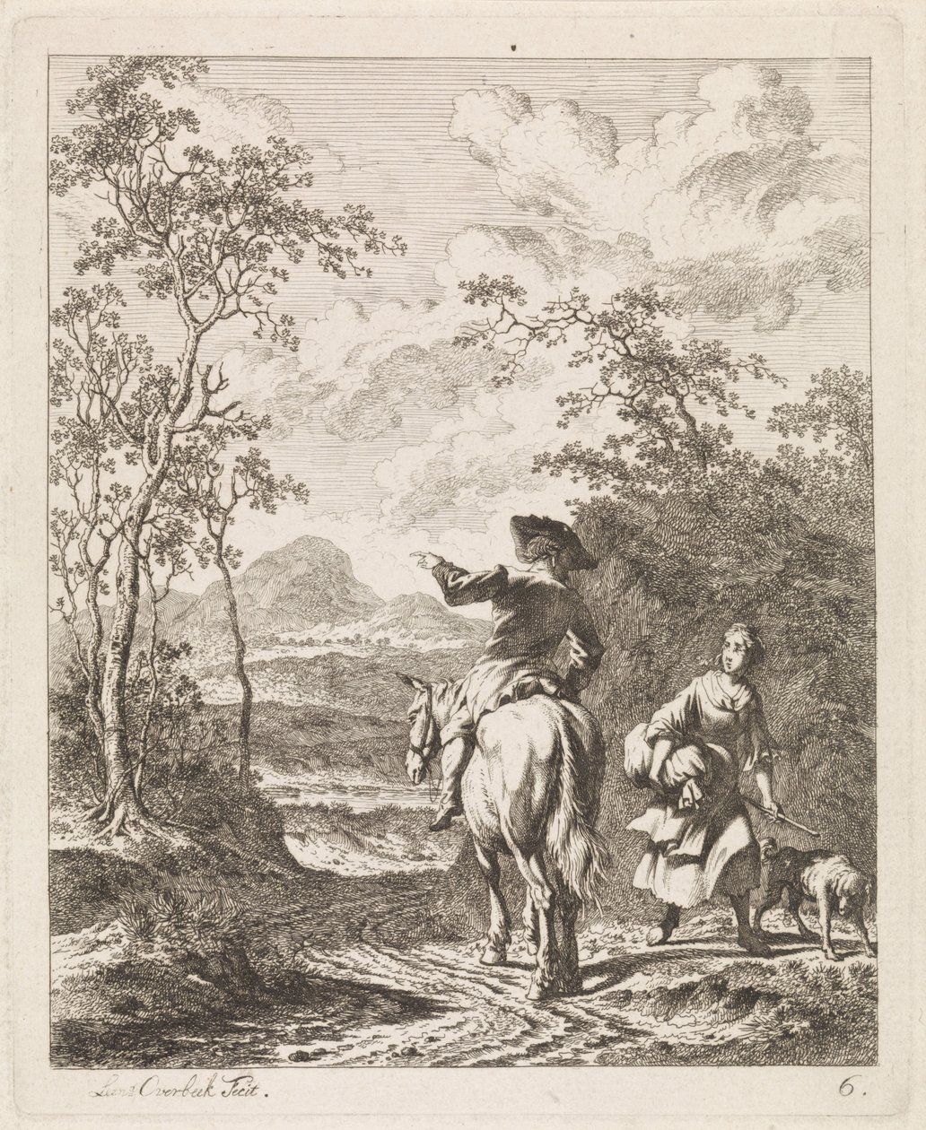 Jinete preguntando por direcciones a una chica con un perro Paisajes con figuras (título de serie) de Leendert Overbeek