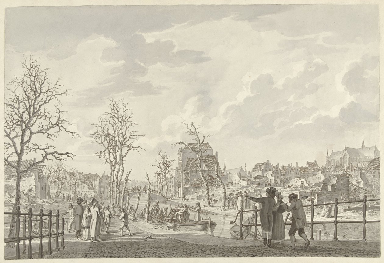 Ruinas en Rapenburg en Leiden, después del desastre de la pólvora del 12 de enero de 1807 de Leendert Overbeek