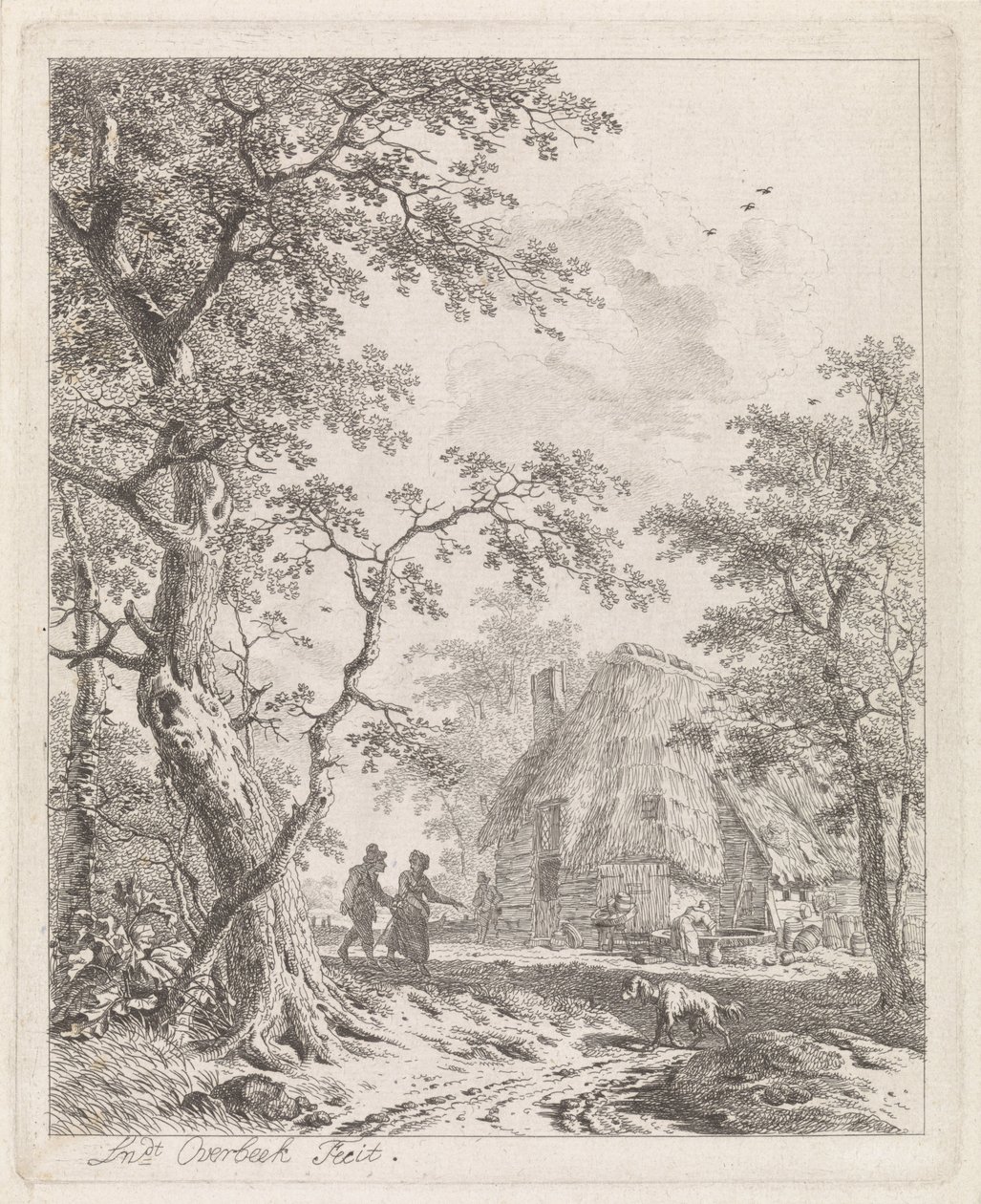 Dos excursionistas en una granja. Paisajes con figuras (título de serie) de Leendert Overbeek