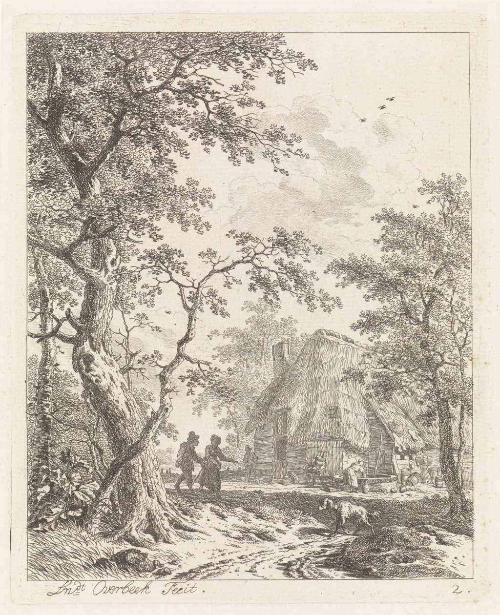 Dos excursionistas en una granja. Paisajes con figuras (título de serie) de Leendert Overbeek