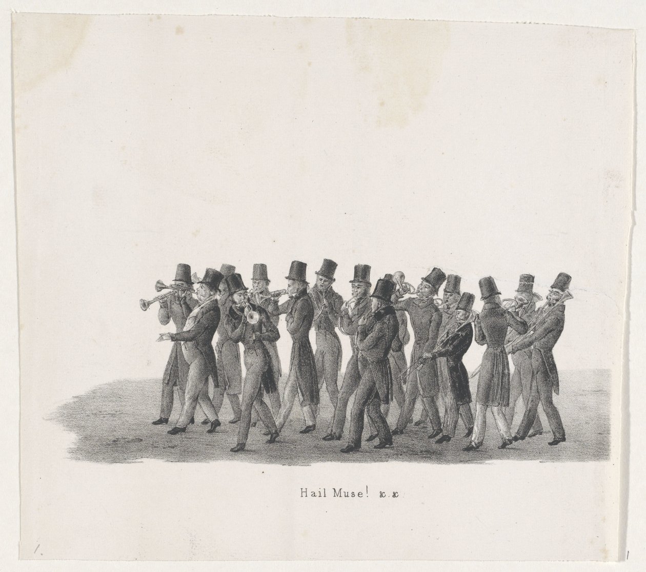 Músicos en la procesión de estudiantes de Leiden, 1835 ¡Hola Musa! (título en el objeto) Las actuaciones individuales que ascienden en poder de S.H. Estudiantes de Leidsche Hoogeschool el 9 de febrero de 1835, cerrado (título de la serie en el objeto) de Leendert Springer (I)