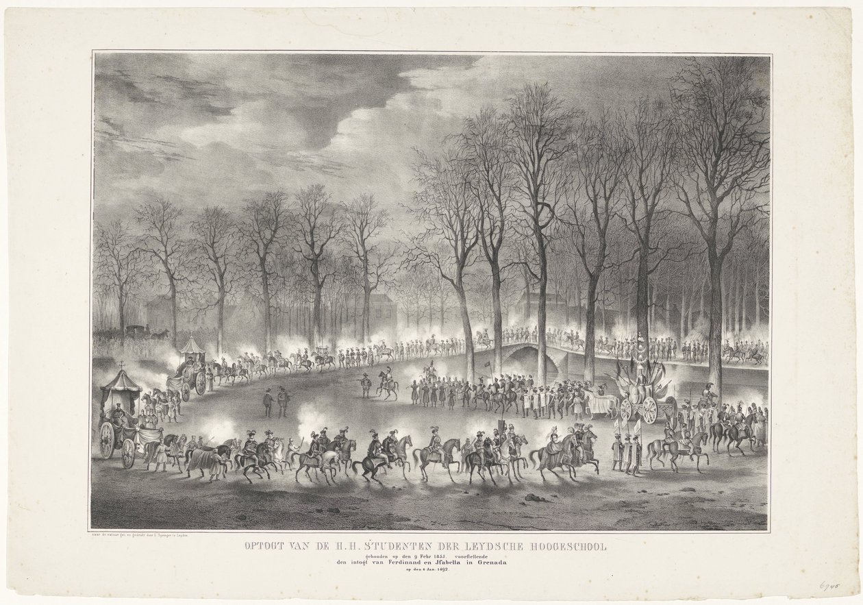 Desfile de S.H. Estudiantes de Leydsche Hoogeschool celebrada el 9 de febrero de 1835, representando la entrada de Ferdinand y Jsabella en Granada el 6 de enero. 1492 (título sobre el objeto) de Leendert Springer (I)