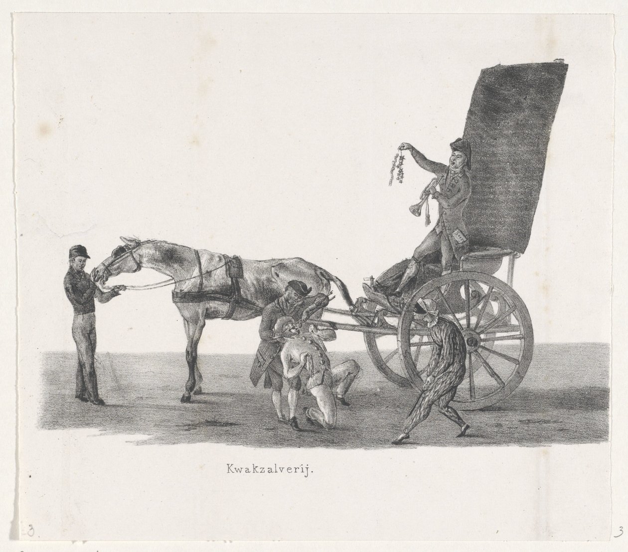 Sjees con un charlatán, 1835 Charlatanería (título sobre el objeto) Las actuaciones individuales que ascienden en poder de S.H. Estudiantes de Leidsche Hoogeschool el 9 de febrero de 1835, cerrado (título de la serie en el objeto) de Leendert Springer (I)