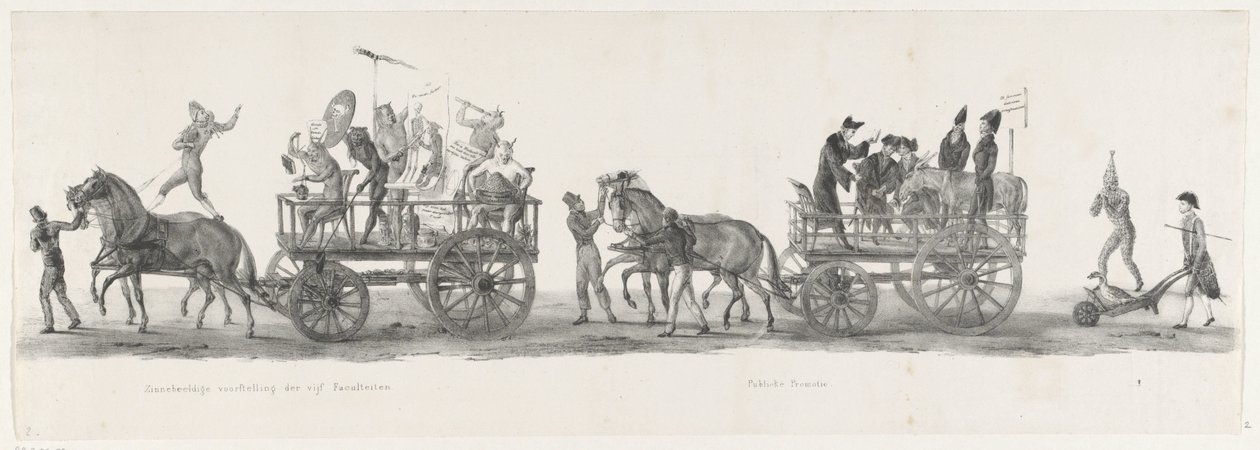 Cinco facultades y una promoción pública, 1835 Representación simbólica de las cinco Facultades / Promoción Pública (título sobre objeto) Las actuaciones individuales que ascienden en poder de S.H. Estudiantes de Leidsche Hoogeschool el 9 de febrero: 1 de Leendert Springer (I)