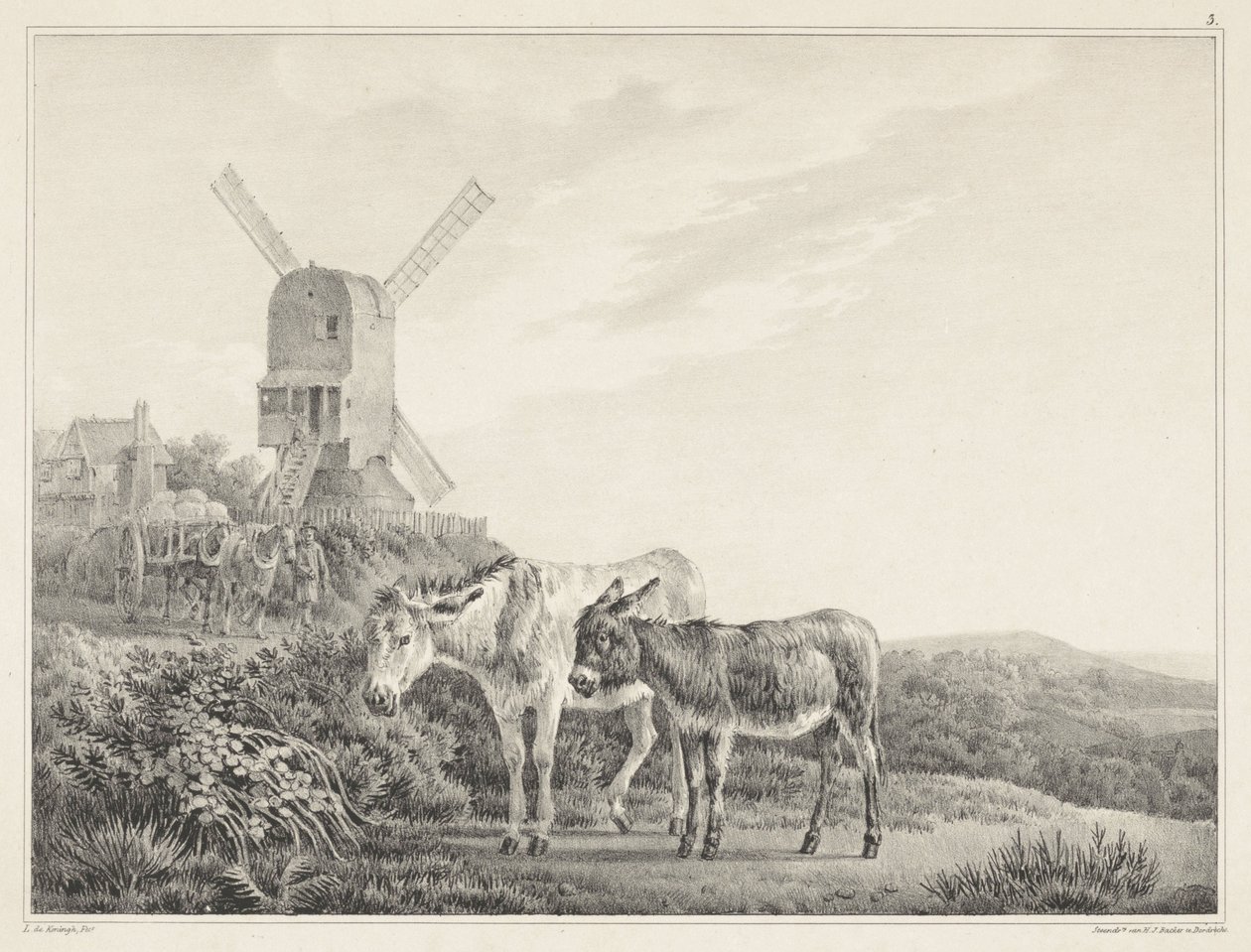 Dos burros en un paisaje cerca de un molino. Seis dibujos en piedra de L. de Koningh (título de la serie) de Leendert de Koningh