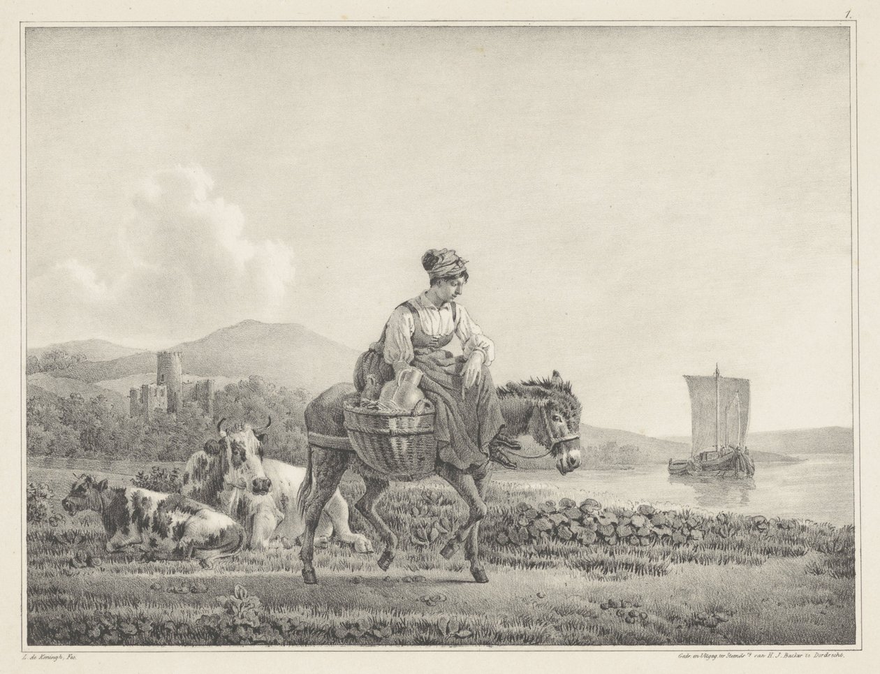 mujer, en, burro, en, paisaje Seis dibujos en piedra de L. de Koningh (título de la serie) de Leendert de Koningh